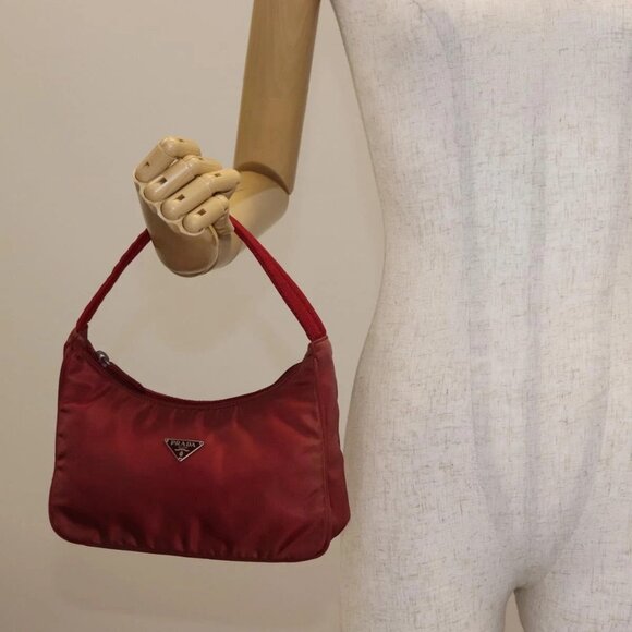 PRADA Hand Bag Nylon Red Silver Auth